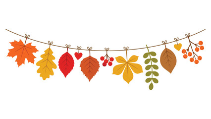 Colorful autumn leaves and berries hanging on a string garland decoration for fall season celebration and festive design © azad