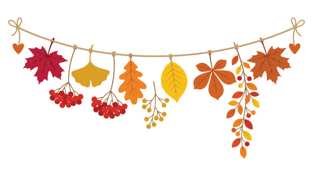 Colorful autumn leaves and berries hanging on a string garland decoration for fall season celebration and seasonal banner design