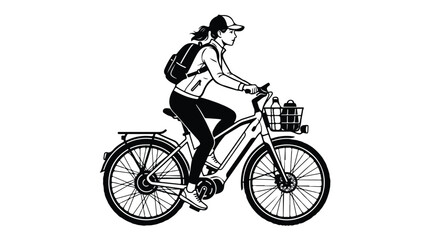 Fototapeta premium Minimalist black and white vector illustration of a woman riding an electric bicycle, female cyclist commuting on e-bike with backpack and front basket