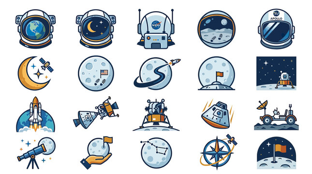 Space Exploration Icons: Astronaut, Moon, Rocket, Satellite, Telescope, Mars Rover