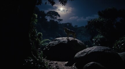 Fototapeta premium Wolf howls at moon on large rock in dense jungle at night. Dark forest scene with full moon in sky. Wild animal calls out in dark wilderness. Lunar glow on rich vegetation.