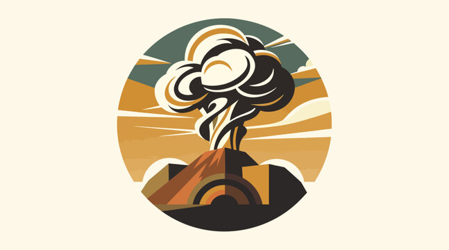 Volcanic eruption with smoke and sun illustration.