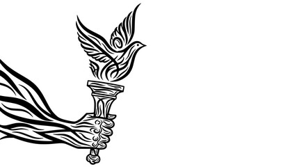Hand holding a torch with a dove silhouette emerging from the flame - symbol of peace and freedom © illustration vector