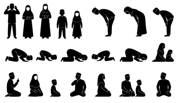 Islamic Family Salah Pose Silhouette Icon Set Editable Vector Collection