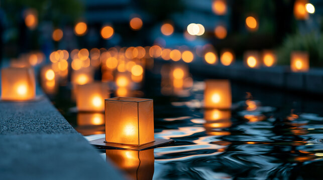 Yi Peng lantern festival night scene with glowing lanterns floating on a canal, cultural celebration travel scene with festive atmosphere, defocused night sky in background,