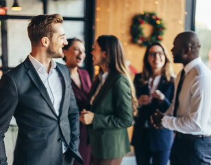 Obraz premium Soft blur of business professionals chatting during a networking event in a modern office. Corporate communication, teamwork and workplace relationships concept.