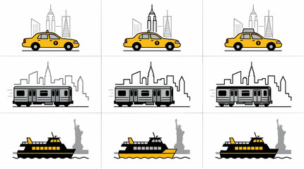 New York City Transportation Icons: Yellow Taxi, Subway Train, and Ferry with Skyline and Statue of Liberty, Flat Design Graphic Resources © chozin