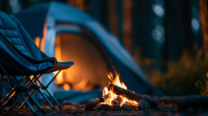 Serene camping scene at night in a forest with a pitched tent, camping chairs and a glowing campfire creating warm golden light, defocused dark forest in background, night forest © Laura