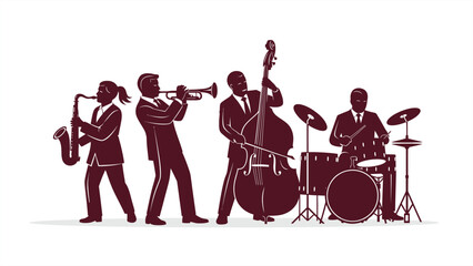 Jazz band silhouette illustration with musicians playing saxophone, trumpet, double bass, and drums. Flat vector illustration EPS 10. © Dijee Art