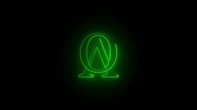 Green neon alpha and omega symbol flickering on black background with glowing light effect and seamless loop