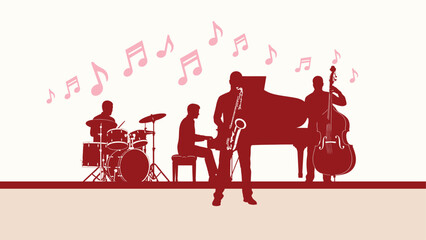 Silhouette of a jazz band performing with saxophone, piano, drums, and double bass. Flat vector illustration EPS 10. © Dijee Art