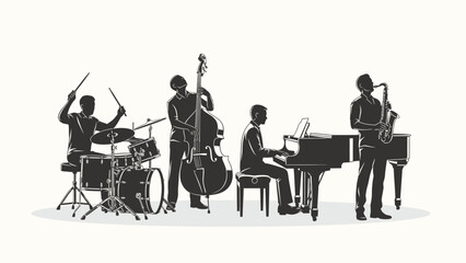 Jazz band silhouette illustration with musicians playing saxophone, grand piano, double bass, and drums. Monochrome vector graphic of a live music performance. Flat vector illustration EPS 10. © Dijee Art