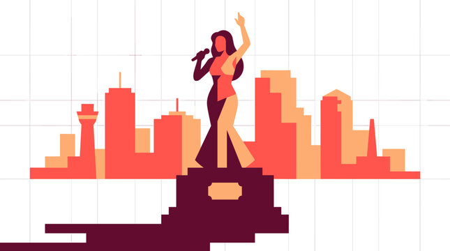 Stylized Female Singer on Pedestal with Urban Horizon Illustration
