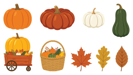 Set of colorful pumpkins, autumn harvest leaves, and a wagon for thanksgiving and halloween seasonal decorations © azad