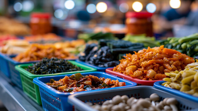 Bright assortment of various pickled vegetables, mushrooms and seaweed in colorful containers at a food market stall, appetizing display with rich textures, defocused market in