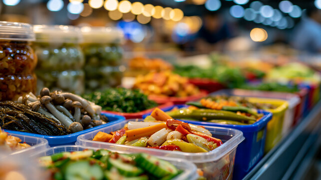 Bright assortment of various pickled vegetables, mushrooms and seaweed in colorful containers at a food market stall, appetizing display with rich textures, defocused market in