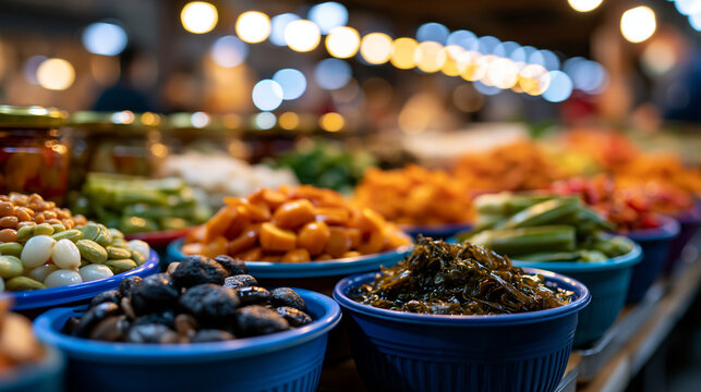 Bright assortment of various pickled vegetables, mushrooms and seaweed in colorful containers at a food market stall, appetizing display with rich textures, defocused market in