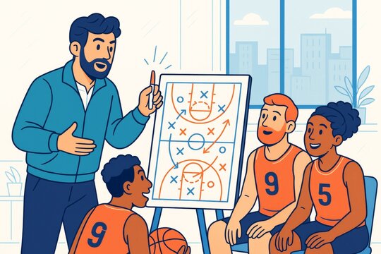 Coach explaining basketball strategy to players using playboard indoors with city view in background. Cartoon style illustration concept.. Ai generative