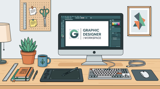 Graphic designer workspace with computer.