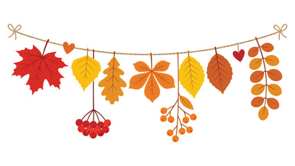 Colorful autumn leaves and berries hanging on a string garland for seasonal fall decoration and festive holiday celebration © azad
