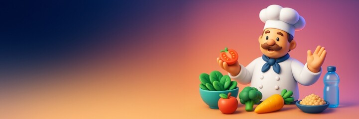 Fototapeta premium Cartoon chef character with healthy vegetables and blank copyspace on colorful gradient background for food design or advertising template. Ai generative