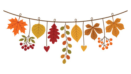 Decorative garland with hanging colorful autumn leaves and berries for seasonal fall party and thanksgiving celebration banner © azad