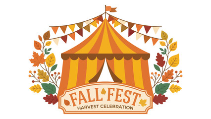 Fall fest harvest celebration banner with orange carnival tent and colorful autumn leaves and festive bunting flags © azad