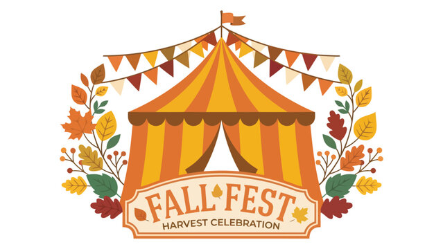 Fall fest harvest celebration banner with orange carnival tent and colorful autumn leaves and festive bunting flags