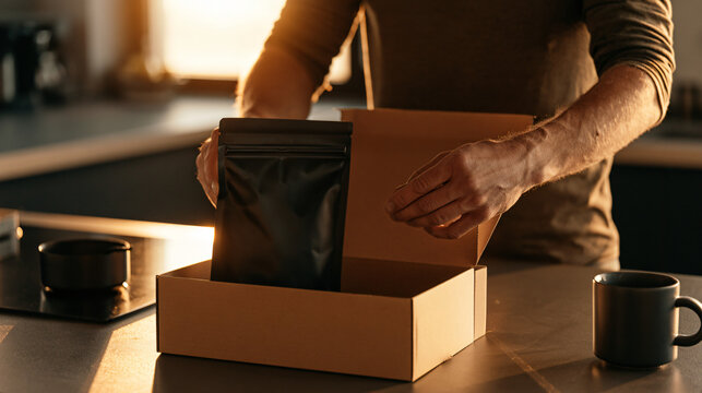 Close-up of male hands opening a luxury coffee subscription box on a modern kitchen island, blank black coffee pouch, recycled packaging materials, ceramic mug