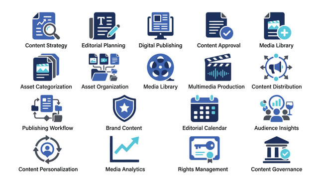 Content Strategy Icons, Digital Publishing Symbols, Media Library Signs, Workflow Management
