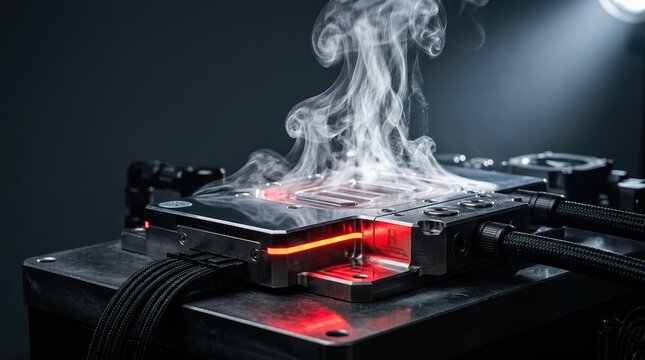 Smoking computer hardware with red lights on a dark background
