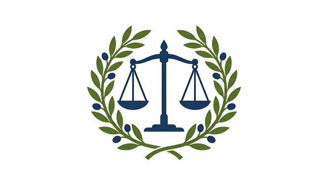Blue Scales of Justice Icon Surrounded by an Olive Branch Wreath Symbolizing Law and Legal Authority for Professional Institutional Branding
