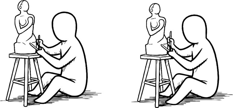 Two people sculpting clay on stools in a studio setting.