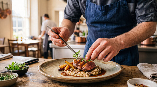 Skilled male chef carefully garnishing a gourmet duck breast dish with fresh herbs using tweezers in a fine dining.
