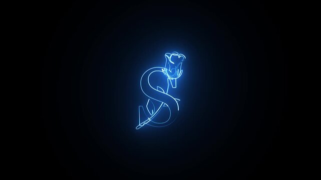 A neon glowing letter s with a delicate rose intertwined around it in a smooth continuous animated loop