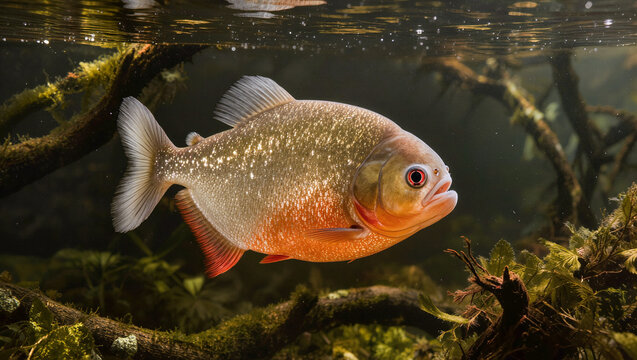 Underwater view of a spawning Pink Salmon swimming in a clear freshwater river