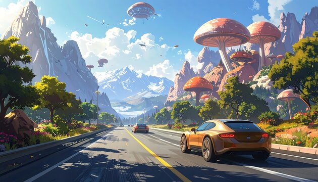 A futuristic highway scene with a gold car traveling through a valley with mushroom-like structures and mountainous backdrop