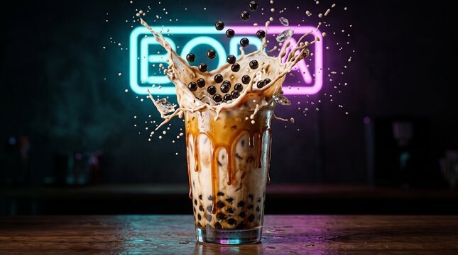 Iced brown sugar bubble tea with dynamic splashing milk and tapioca pearls. Aesthetic cafe beverage background.
