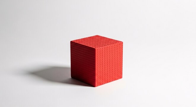 Minimalist red cube sculpture on white background with shadow for modern art and design concepts perfect for creative projects and visual displays
