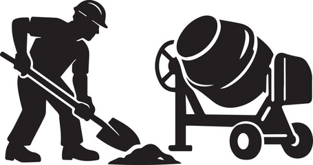 Construction worker using a shovel and cement mixer Vector, illustration © MostTanzila
