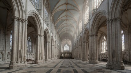 Obraz premium A view inside the nave of a historic gothic cathedral displaying stone arches and vaulted ceilings while natural peaceful light beams pour through the stained glass windows for a spiritual atmosp