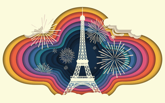 Paper cut style of the eiffel tower in paris with colorful fireworks and layered rainbow arches on a light cream background