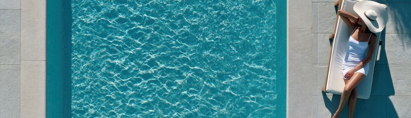 Obraz premium Woman relaxing poolside, sunbathing on a lounger by sparkling turquoise water, enjoying summer vacation