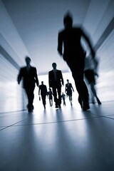 Fototapeta premium Business team moving forward, blurring in a rush in modern corporate environment, symbolizing progress