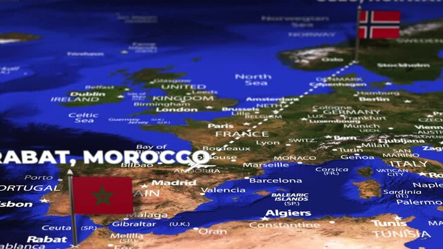 Flight From Oslo NORWAY to Rabat MOROCCO with flag pins