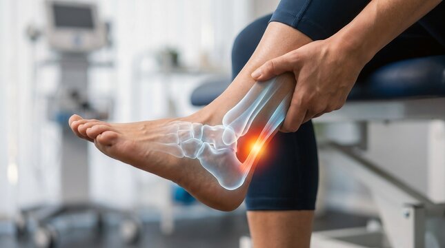 Woman Suffering From Achilles Tendon Pain With Ankle Anatomy Overlay