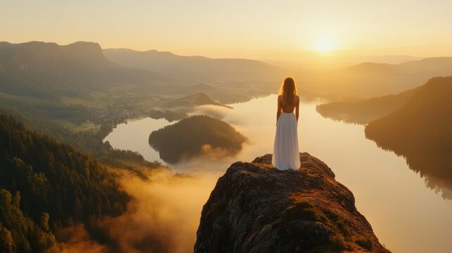 Woman in white dress on a mountaintop at sunrise over a valley.