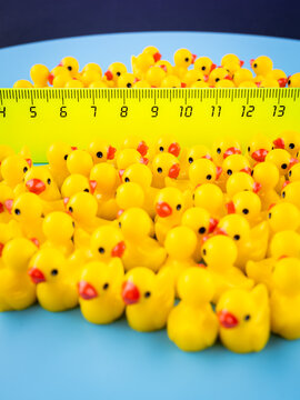Close-up of cute interior mini figurines shaped like ducks on a blue background.