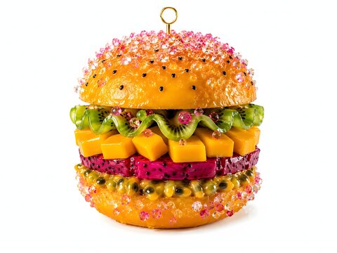 Creative fruit burger dessert with tropical fruit layers creative tropical dragonfruit isolated background colorful vegetarian delicacy artistic refreshing composition culinary decoration