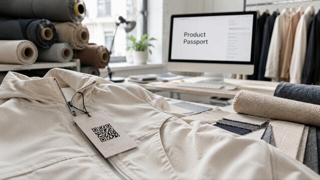 Focus on a garment with a product tag sitting on a table next to samples and a computer screen showing a product passport in a design studio during the day